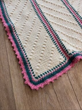 Handmade Cream Crochet Blanket with Pink & blue Trim